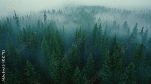 Aerial view of misty evergreen forest. (1)