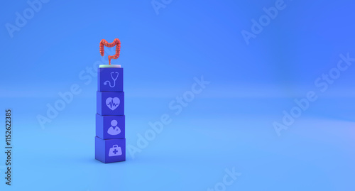 Colon cancer concept, bacteria, inflammation, ulcerative colitis and intestinal problems. Cubes with medical icons.