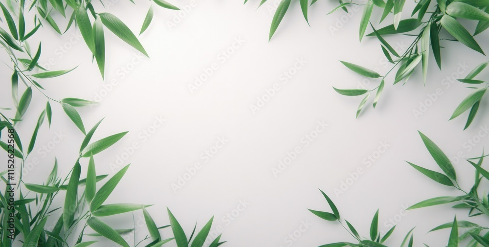 Naklejka premium Lush green bamboo leaves frame a white background, creating a natural border.