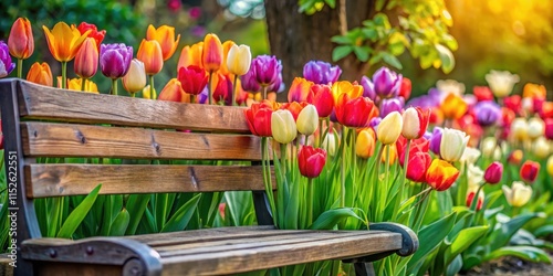 Vibrant Tulips Adorn Wooden Bench , garden, floral,  garden, floral, flowers