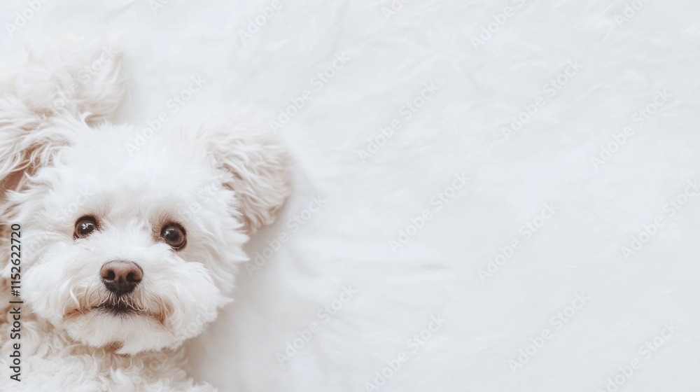 Adorable white puppy lying on a bed, looking up. Adorable white puppy lying on a bed, looking up.
