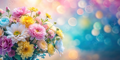 Soft focus on a blooming floral arrangement against a gradient background of pink, blue and yellow hues, colorful, bloom