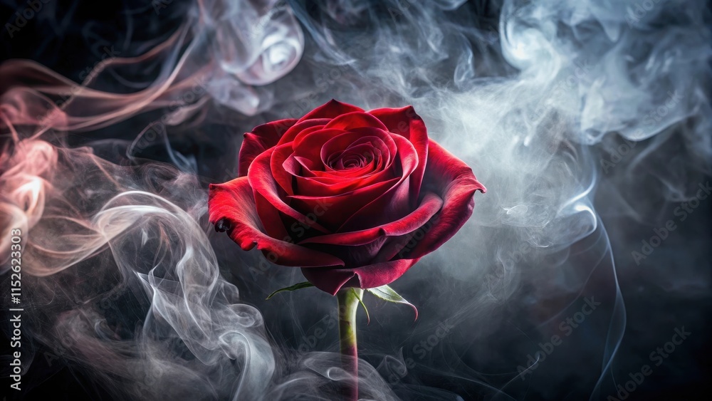 Rose wrapped in red smoke swirl on black background, mystical, luxurious,  mystical, luxurious, velvety, perfume,smoke