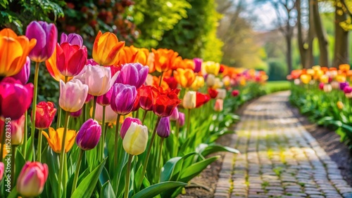 Colorful spring tulips lined up in a row along a garden path , Garden Decoration