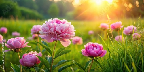 Delicate pink peony flowers blooming in a lush green meadow at sunset, surrounded by wildflowers and tall grasses, garden