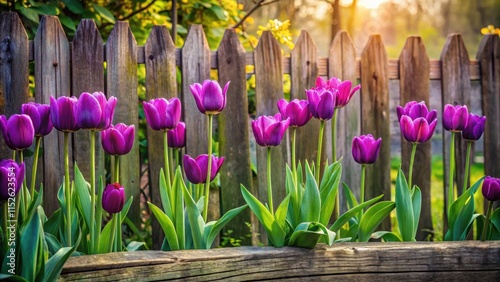 Old wooden fence with purple tulips blooming, plant life, old fence,  plant life
