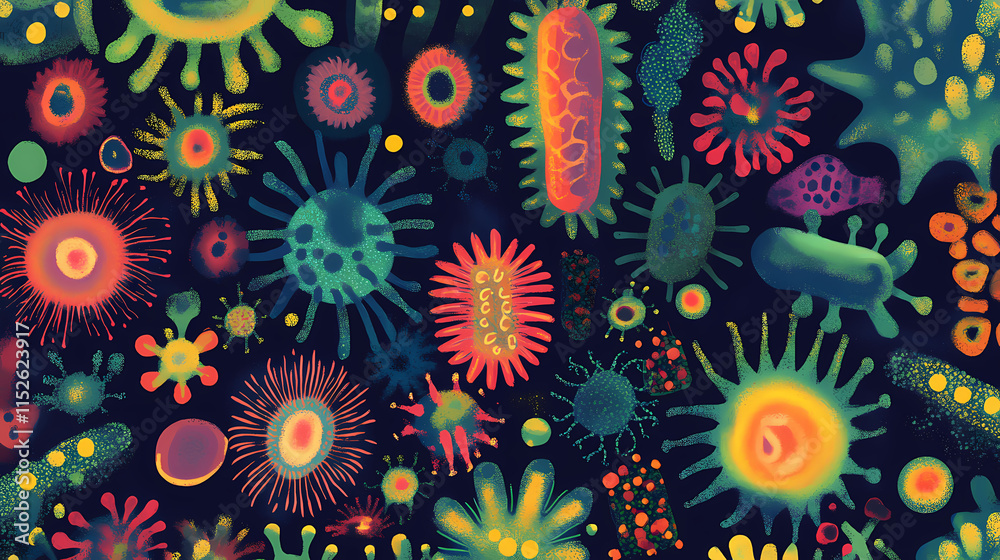 Bacteria colony microscopic seamless pattern, diverse bacterial shapes, cellular division, microbiological structures, vivid scientific colors. Archaea. Illustration Bacteria colony microscopic seamless pattern, diverse bacterial shapes, cellular division, microbiological structures, vivid scientific colors. Archaea. Illustration