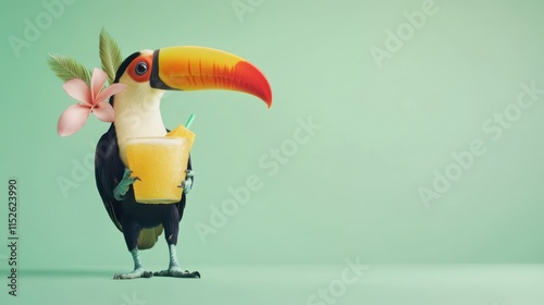 Cartoon toucan holding a tropical juice drink with flowers. photo