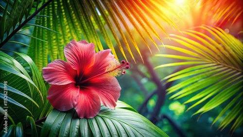 A hibiscus flower blooms in the shade of a majestic palm leaf, set against a vibrant tropical background with lush greenery and colorful flowers , plant, nature
