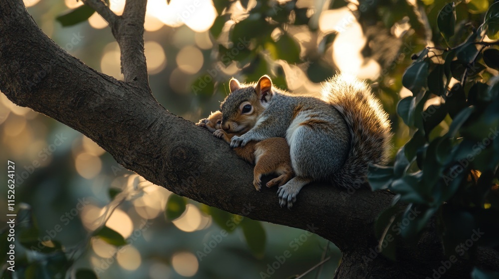 A fluffy grey squirrel naps peacefully on a tree branch at sunset, sunlight filtering through leaves. A fluffy grey squirrel naps peacefully on a tree branch at sunset, sunlight filtering through leaves.