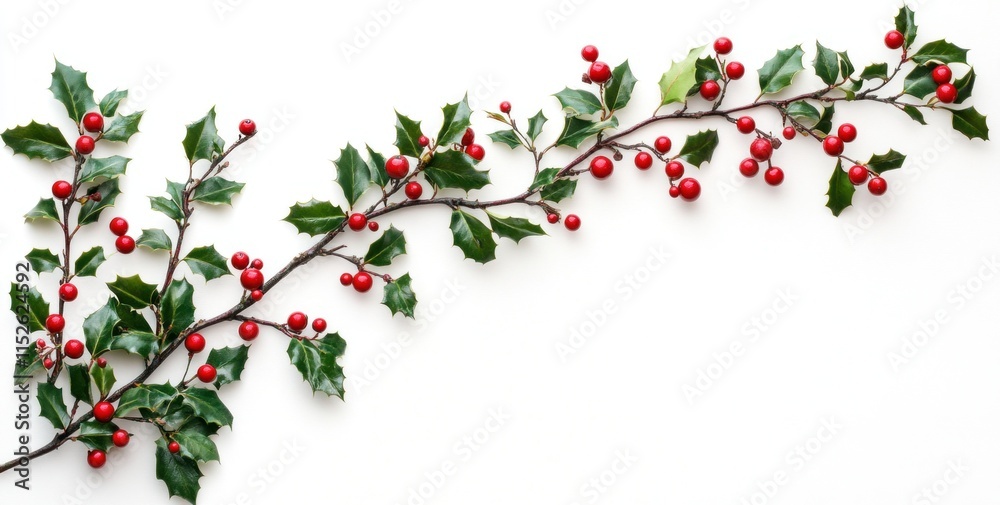 Holly branch with red berries arranged on white background. Holly branch with red berries arranged on white background.