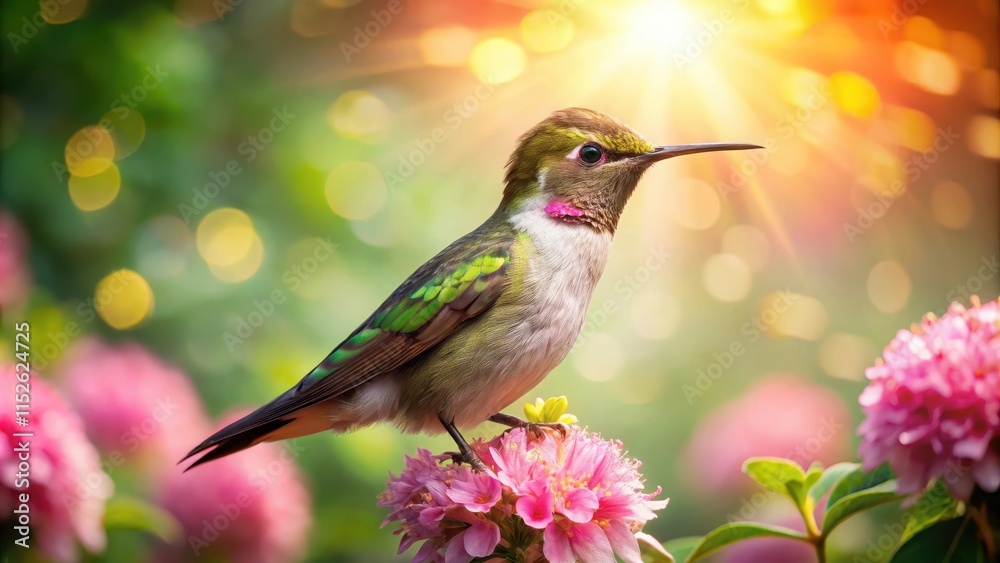 Fototapeta premium Gentle hummingbird perched on a soft pink flower, its iridescent feathers glistening in the warm sunlight, surrounded by lush green foliage and vibrant flowers, wildlife, heart
