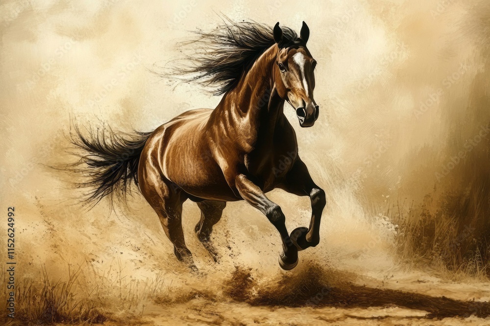 Majestic Brown Horse Running Through Sandy Terrain Majestic Brown Horse Running Through Sandy Terrain