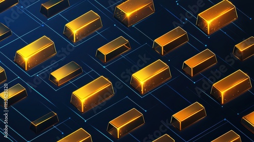 Shiny Gold Bars Arranged in Isometric Perspective on Dark Background with Digital Elements photo