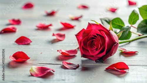 A tender rose with a broken stem and leaves, surrounded by scattered flower petals