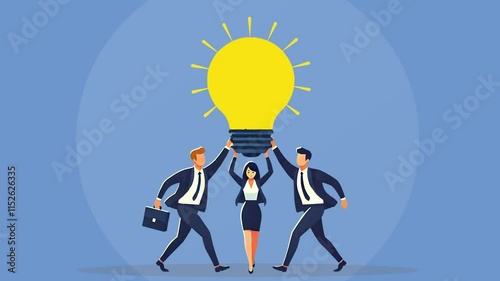 4K Animated Vision of Collaborative Innovation, A Team United to Support a Giant Lightbulb of Groundbreaking Ideas