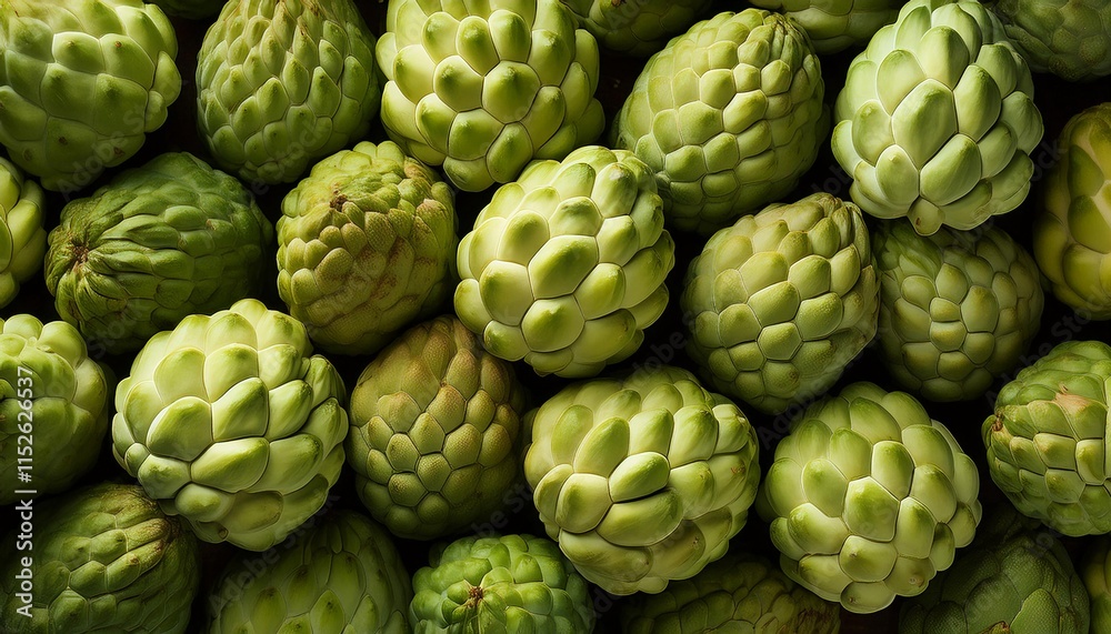 Flat Lay Top View of Bright Ripe Fragrant Green Cherimoya Fruit as Background Flat Lay Top View of Bright Ripe Fragrant Green Cherimoya Fruit as Background