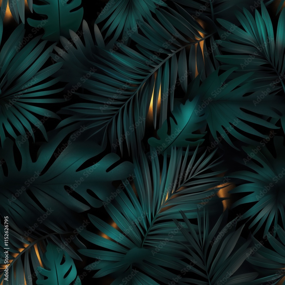Fototapeta premium Lush composition of teal tropical leaves with gold accents