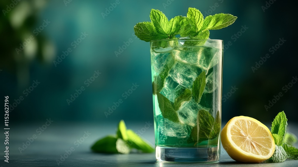 A refreshing mint drink with ice and a slice of lemon, set against a soft blue-green background. A refreshing mint drink with ice and a slice of lemon, set against a soft blue-green background.