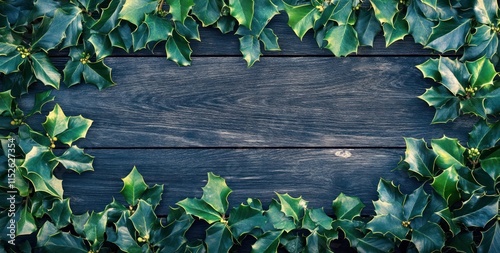 Lush green holly leaves frame a rustic dark wooden background, creating a natural border with copy space. photo