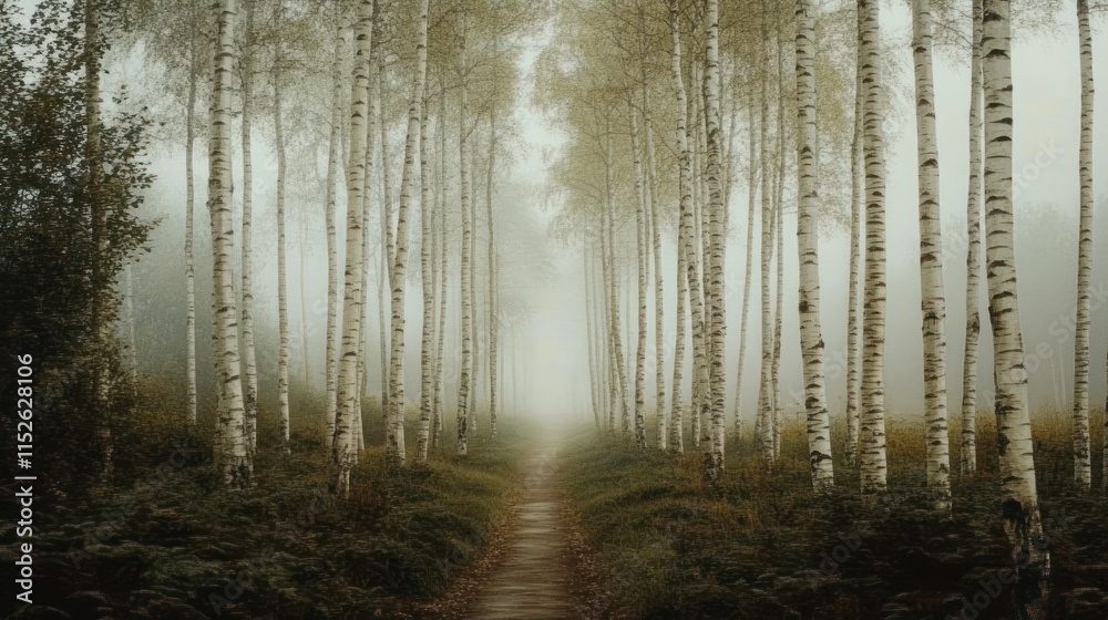 Obraz premium Misty path through birch forest.