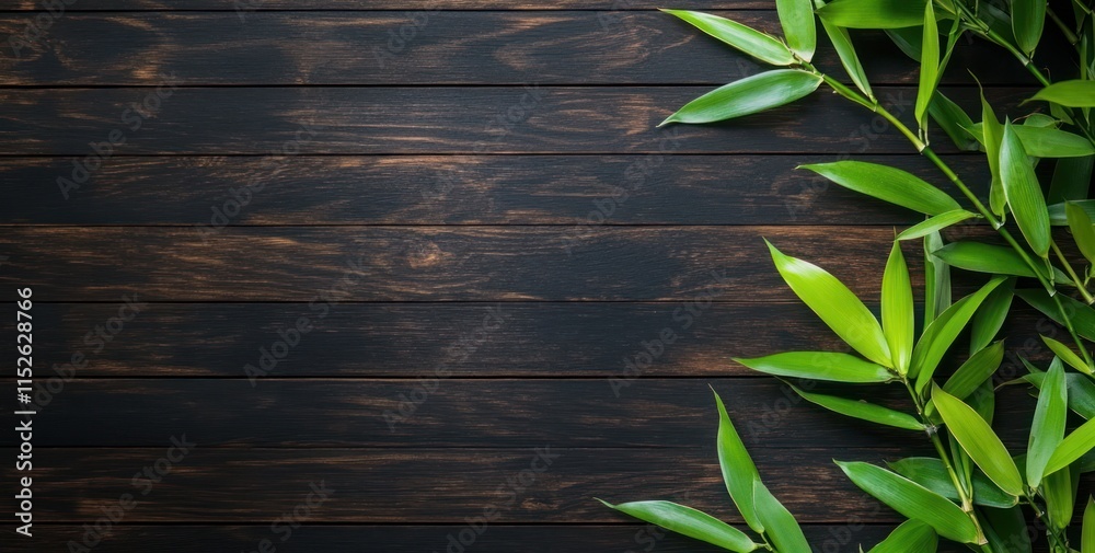 Obraz premium Lush green bamboo leaves on dark wooden background. (1)