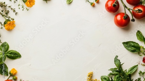 Wallpaper Mural Fresh herbs, tomatoes, and flowers arranged in a circle on a white background, leaving a blank space in the center. Torontodigital.ca