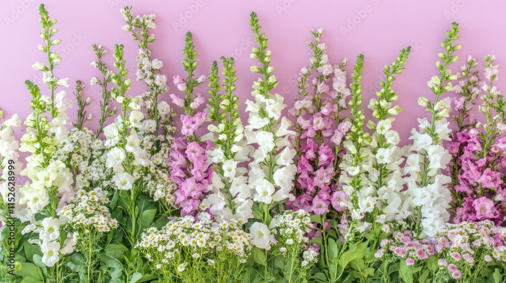 Obraz premium Pink and white flowers arranged in a row against a pink background.