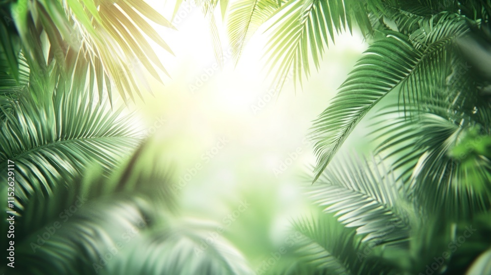 Fototapeta premium Lush green palm leaves frame a bright, sunlit background.