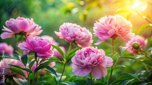 Wallpaper Mural Pastel pink peonies blooming in a lush garden amidst vibrant greenery and soft sunlight filtering through delicate petals, flower garden, botanical Torontodigital.ca