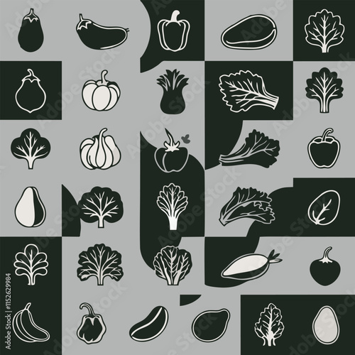  Vegetables line icon set. Containing tomato, mushroom, carrot, corn, eggplant, beetroot, potato, lettuce and more icons vector illustration black and white background