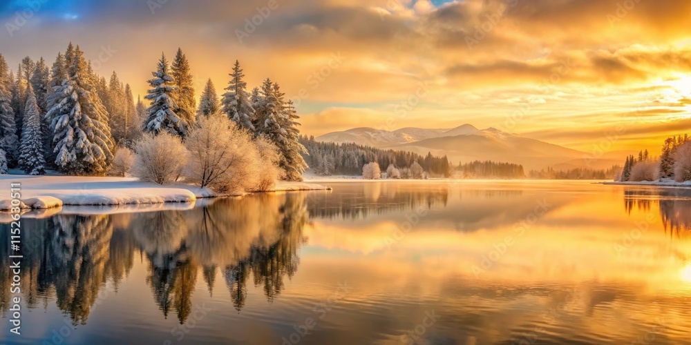 Obraz premium Serene Winter Sunrise over a Tranquil Lake Reflected in Still Waters, Snow-Covered Trees Lining the Shore, and Misty Mountains in the Distance