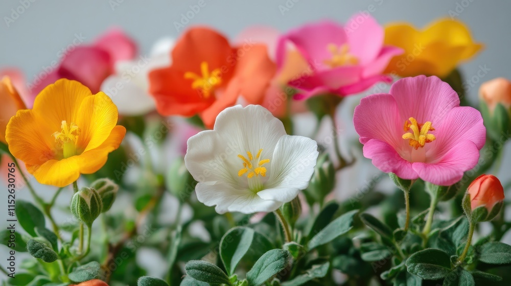 A variety of Portulaca oleracea flowers in different colors, with a soft background and enough space for adding your text or logo A variety of Portulaca oleracea flowers in different colors, with a soft background and enough space for adding your text or logo