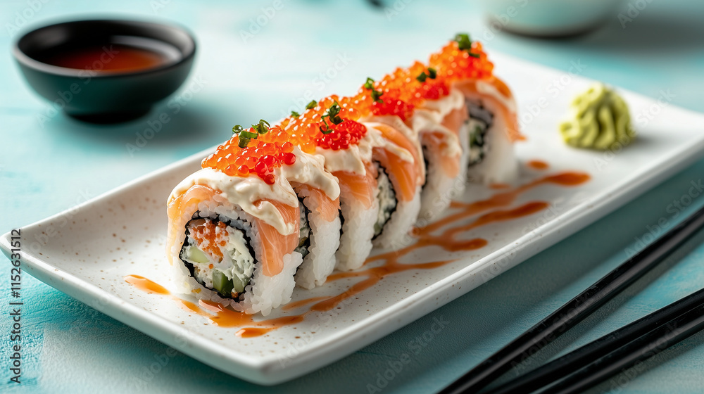 modern sushi set with maki roll topped with red caviar and cream sauce, served on a white ceramic plate with a smooth texture, Ai generated images modern sushi set with maki roll topped with red caviar and cream sauce, served on a white ceramic plate with a smooth texture, Ai generated images