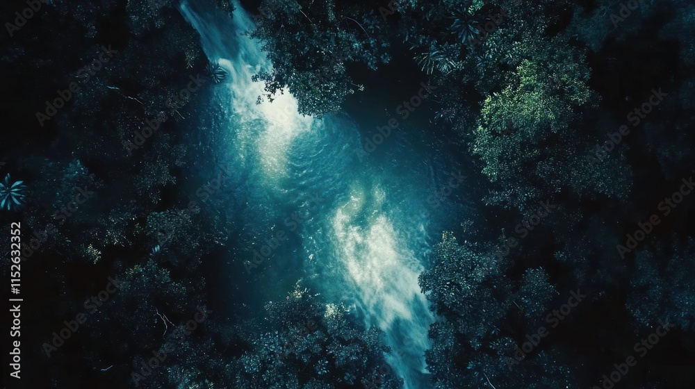 Obraz premium Aerial view of a hidden waterfall in lush rainforest.