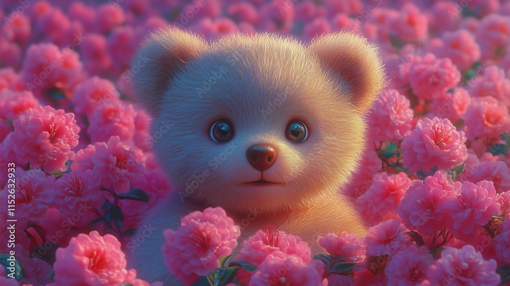 Fototapeta premium Charming Bear Amidst Vibrant Blossoms in a Serene Garden Scene