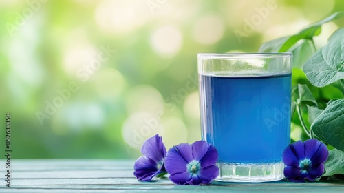 Butterfly pea flowers and juice in a glass on a wooden table, green blurred light backdrop with ample room for adding text or branding