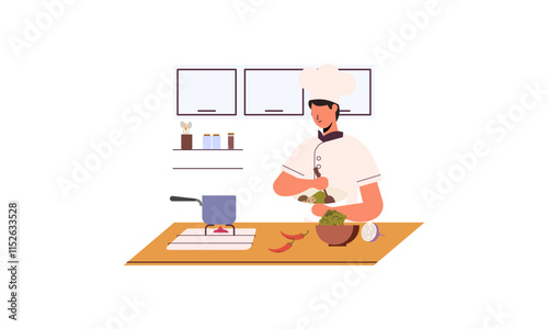Professional chef cooks food, cooks dishes, prepares food vector illustration