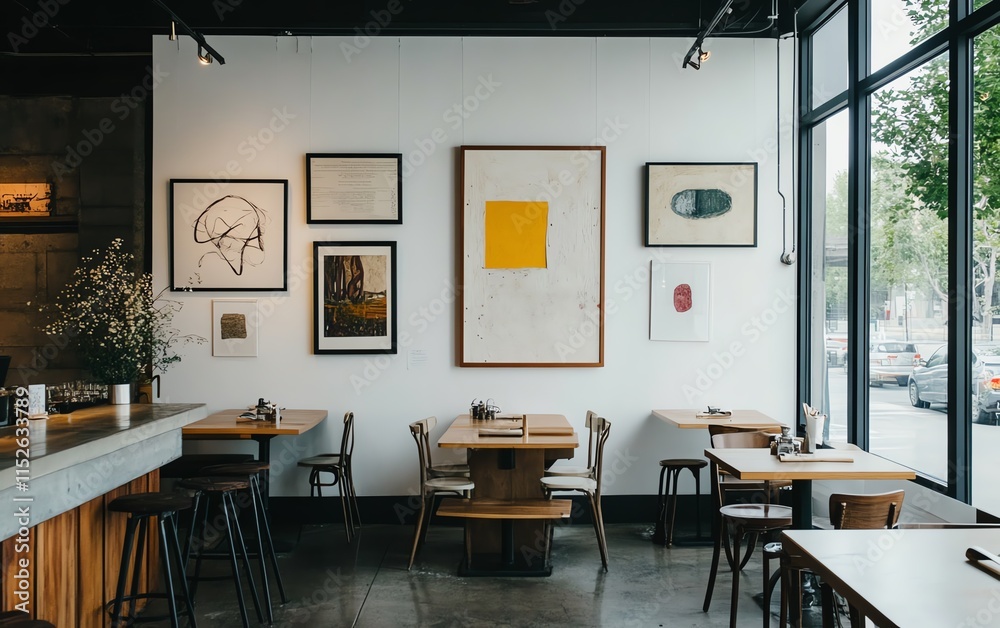 Fototapeta premium Tilted angle view of a minimalist cafe, local art adorning the walls, cozy ambiance, warm lighting, culture infused decor