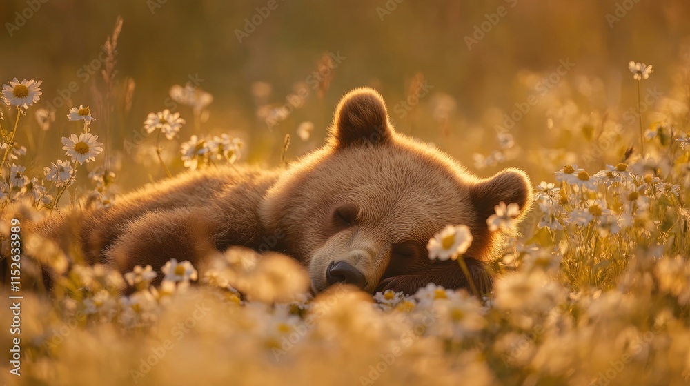 Obraz premium A brown bear cub sleeps peacefully amidst a field of daisies at sunset.