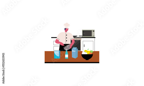 Professional chef cooks food, cooks dishes, prepares food vector illustration