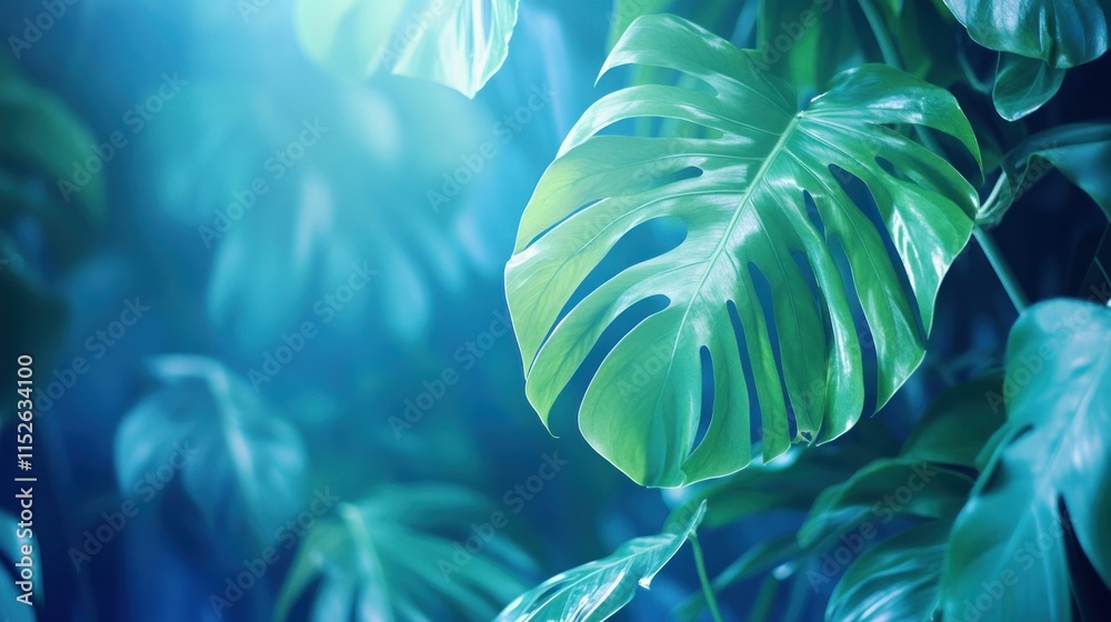 Naklejka premium Lush, vibrant green tropical leaves illuminated by soft light, creating a serene and calming atmosphere.
