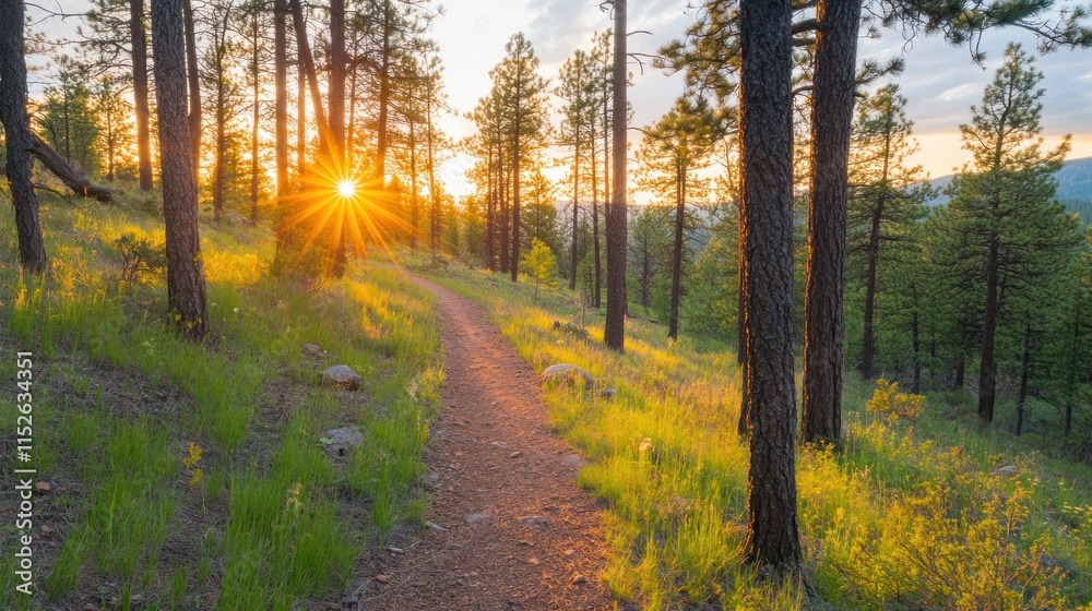 Obraz premium Sunset illuminates a winding trail through a lush pine forest, casting a warm golden glow on the grass and trees.