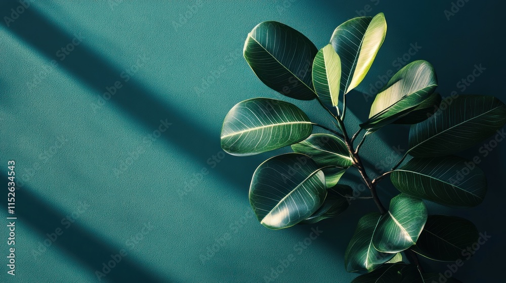 Obraz premium Lush green plant branch with large leaves casts shadows on a teal background.