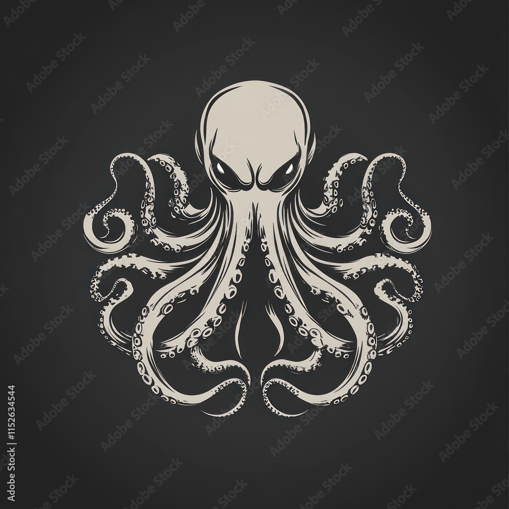 Fototapeta premium A stylized illustration of an octopus with a fierce expression and intricate tentacles.