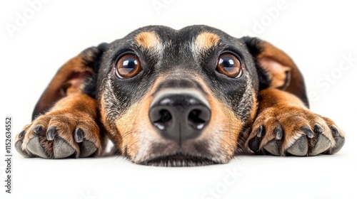 Close-up of a cute dachshund dog lying down, looking at the camera with big, expressive eyes.