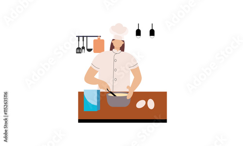 Professional chef cooks food, cooks dishes, prepares food vector illustration