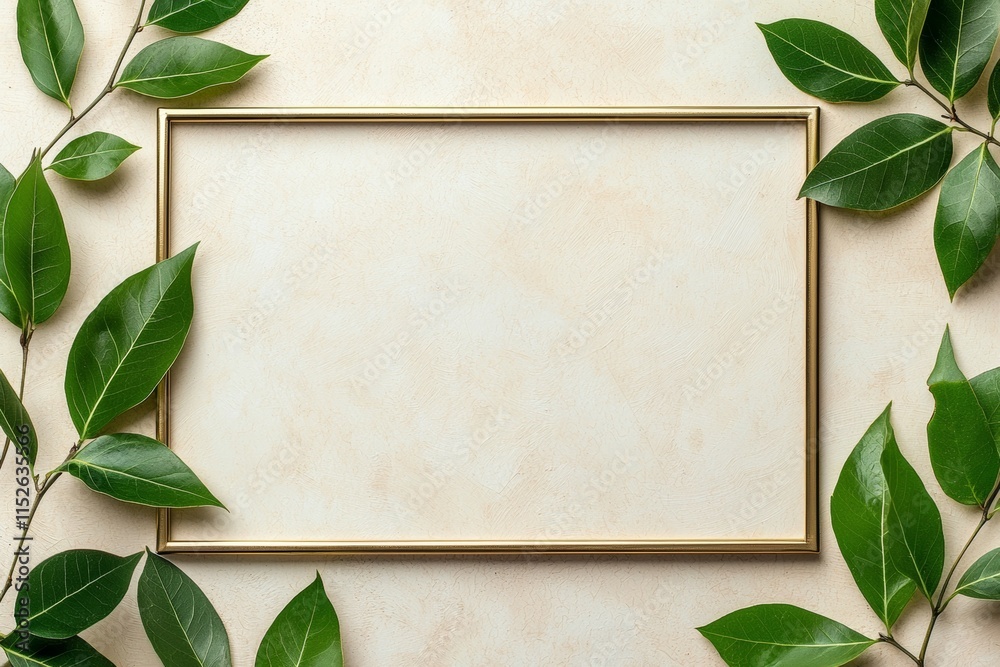 A gold frame with a white background and a green leaf on the left side A gold frame with a white background and a green leaf on the left side