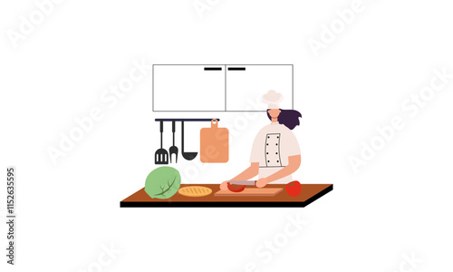 Professional chef cooks food, cooks dishes, prepares food vector illustration