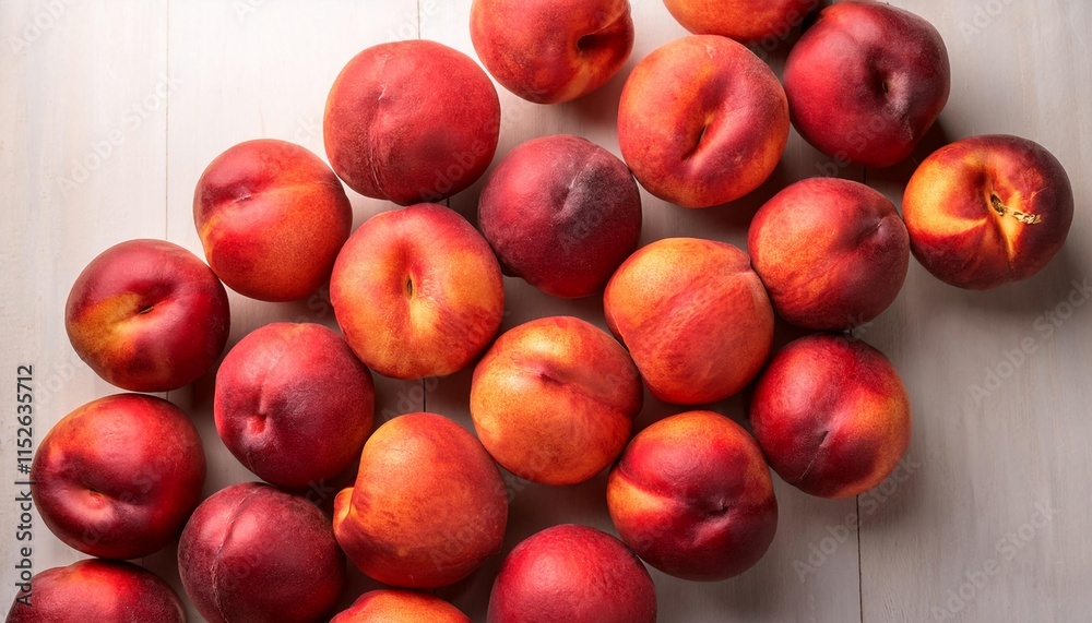 Flat Lay Top View of Bright Ripe Fragrant Red Peach Fruit as Background Flat Lay Top View of Bright Ripe Fragrant Red Peach Fruit as Background